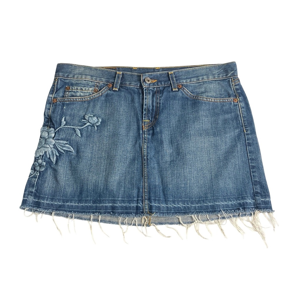 Vintage Y2K Lucky Brand Denim Mini Skirt 8 Blue Floral‎ Embroidered Raw Hem Boho